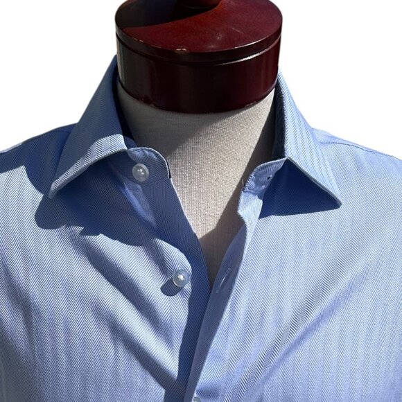 LORENZO UOMO Men's Blue Herringbone Shirt Trim Fit Button Up - 16 (34-35) - Picture 1 of 7